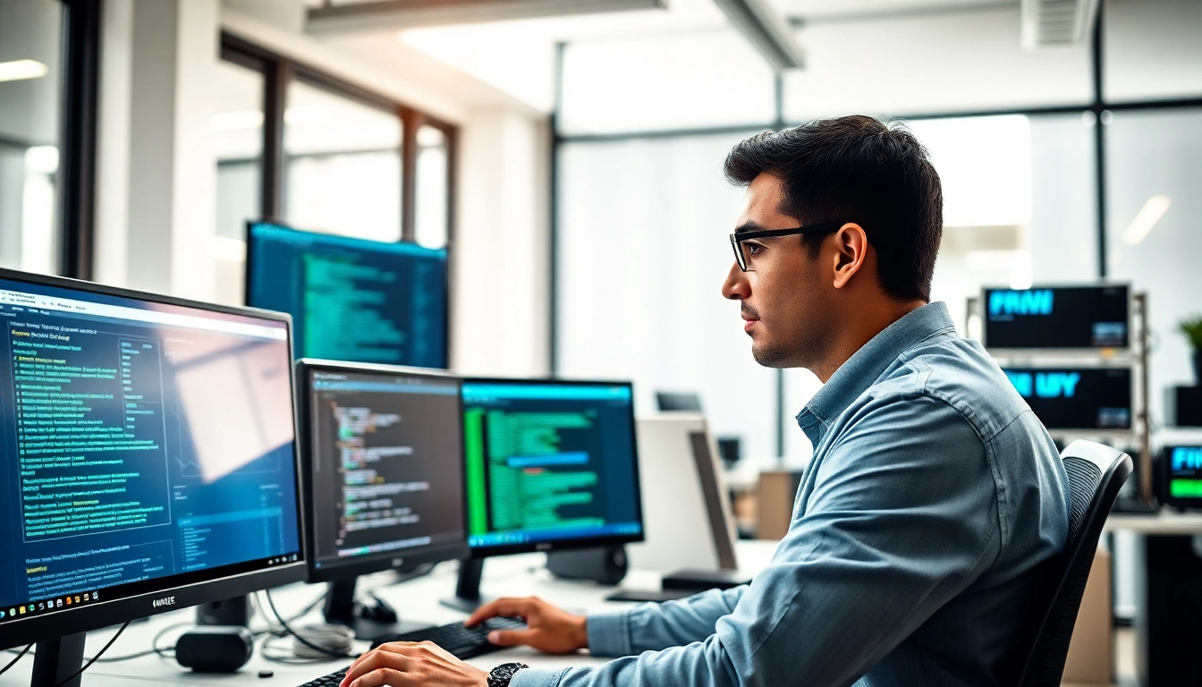 Pentesting-Expert analysiert Sicherheitsdaten in einem modernen Büro mit mehreren Bildschirmen.