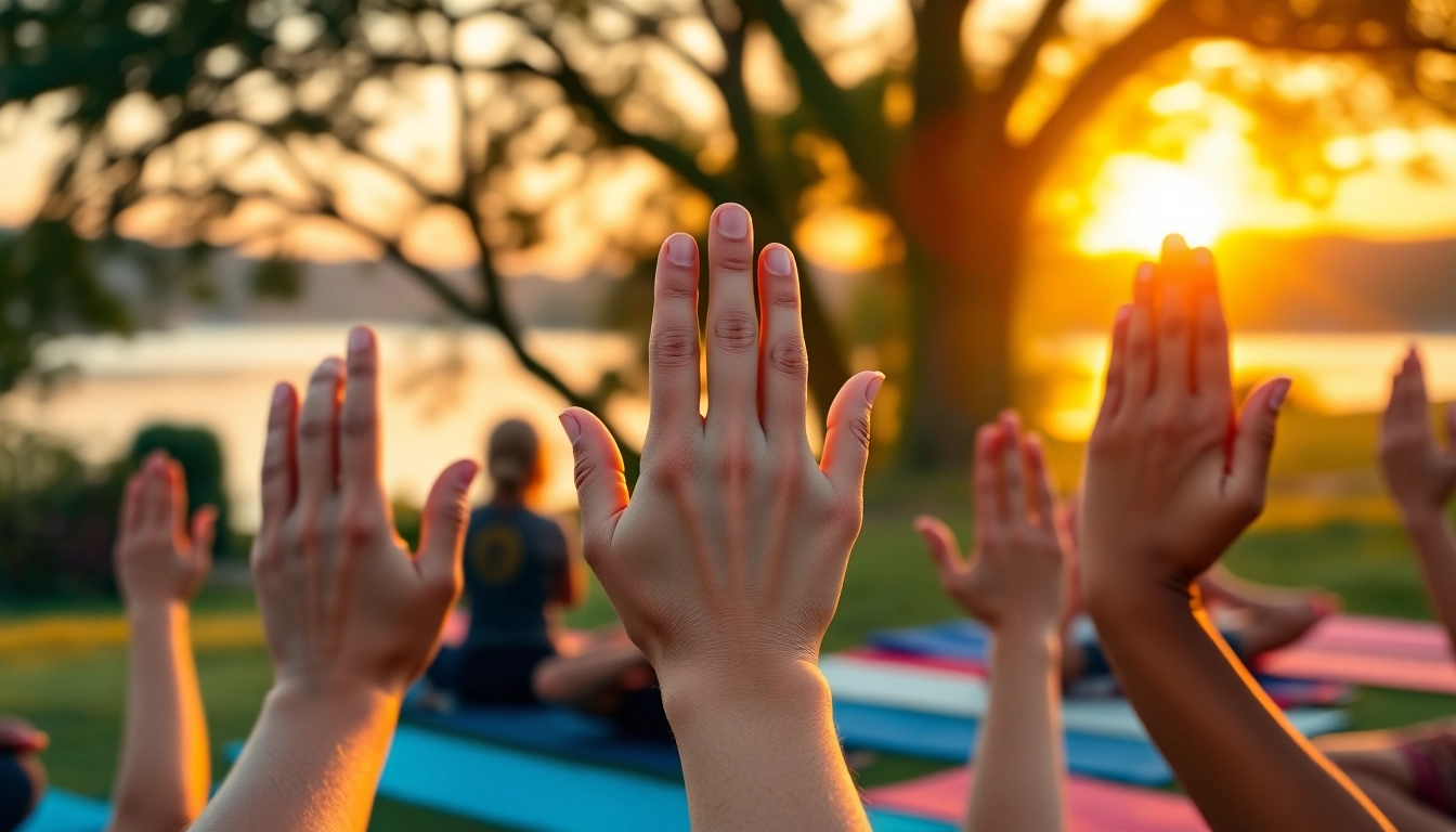 People performing yoga mudras in serene outdoor settings, emphasizing hand gestures.