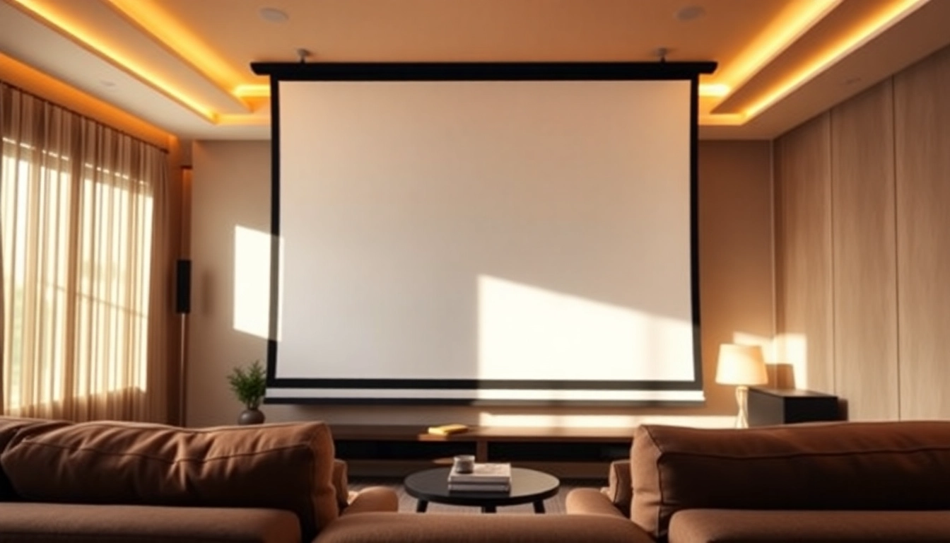 Showcase of a stylish home theater setup featuring a Projection Screen Supplier's motorized screen in action.