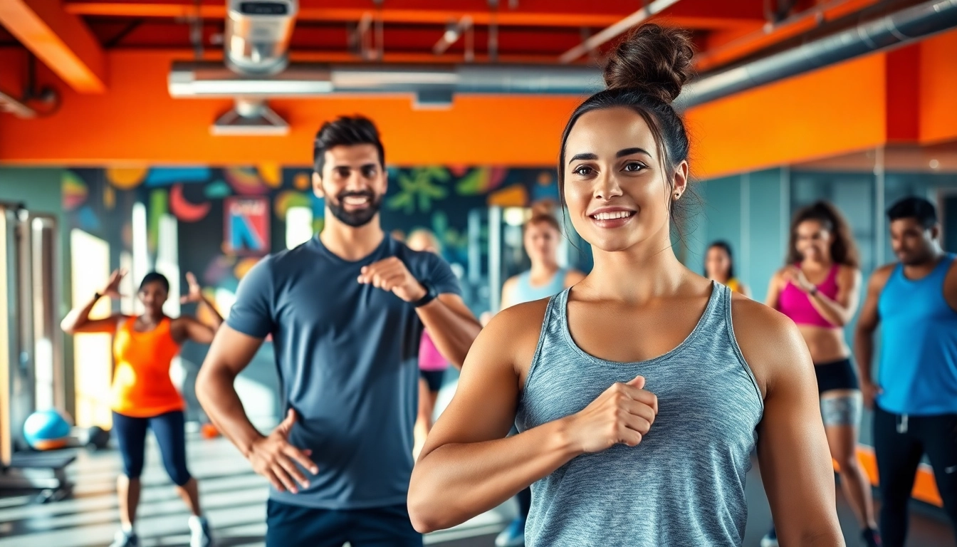 personal trainer demonstrating exercises in a vibrant gym setting for enthusiastic clients.