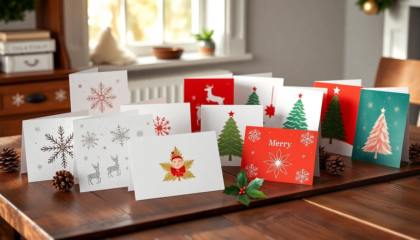 Discover unique Christmas cards Camden beautifully displayed on a rustic table with festive decorations.