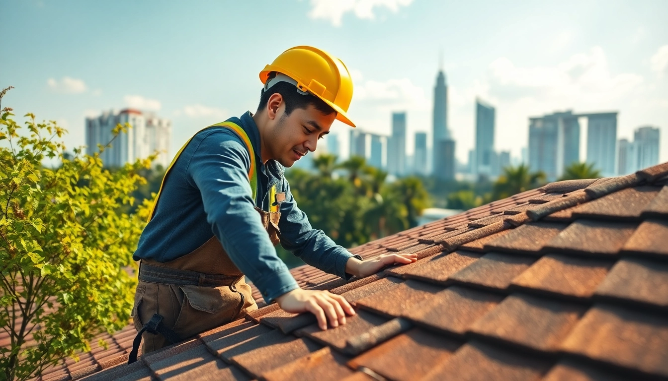 Professional roofer inspecting a residential roof in Singapore highlighting Roofing Singapore quality.