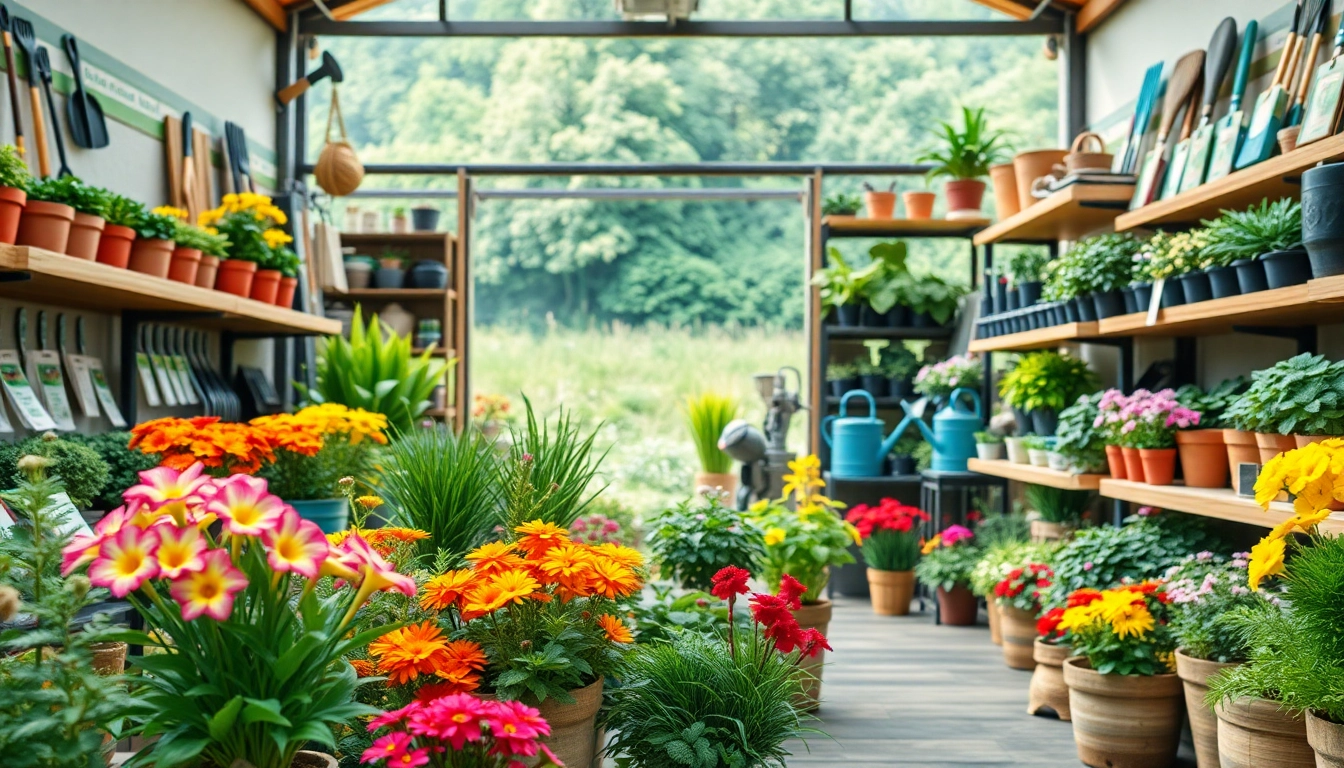 Grow A Garden Shop showcasing vibrant plants and tools in a welcoming, sunny environment.