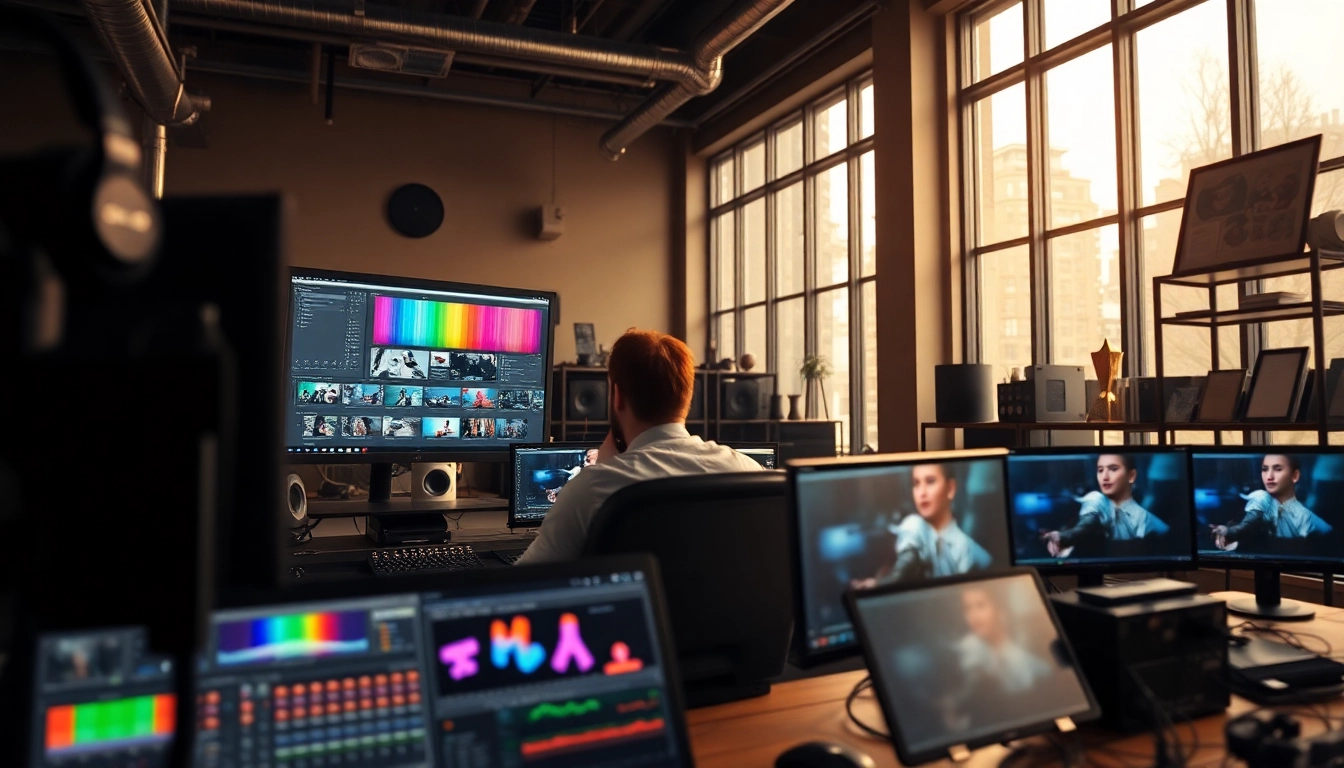 Editing Post Production Toronto scene featuring a focused editor in a vibrant post-production studio.