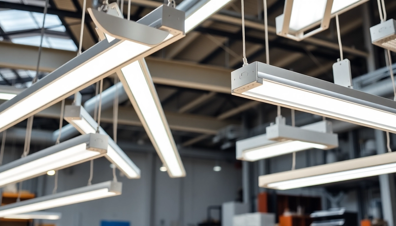 Showcasing COMLED lighting fixtures in a modern industrial setting, highlighting their sleek and high-performance design.