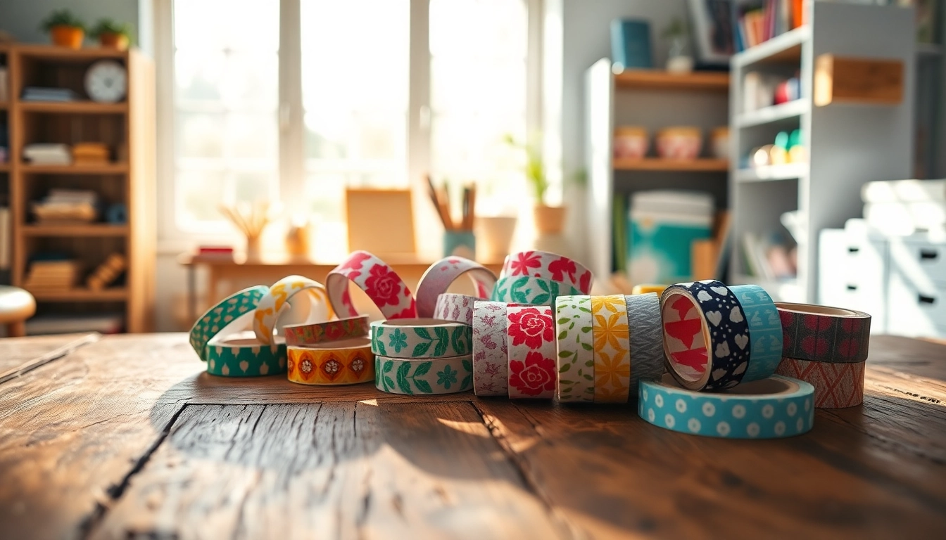Decorative washi tape rolls with vibrant designs on a wooden table in a crafty setting.