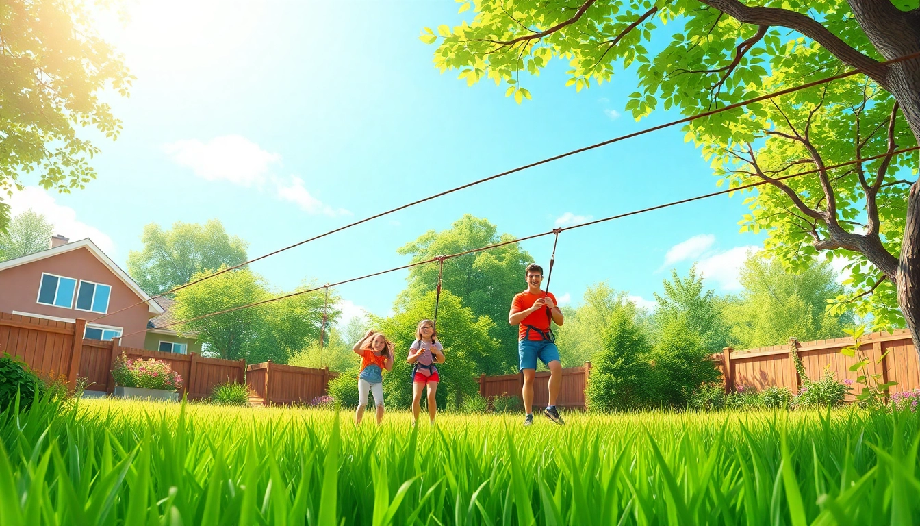 Family having fun using ZIP WIRE KITS in a beautiful backyard setting.