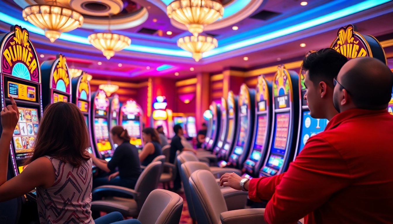 Permainan slot IDR89 yang seru di kasino dengan pemain yang aktif dan ceria.