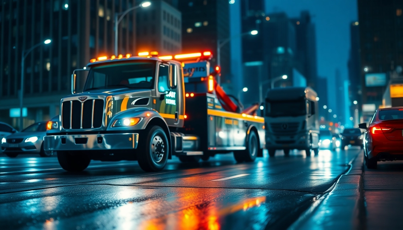 Actively engaging Towing Service helping a stranded vehicle in a busy urban environment.