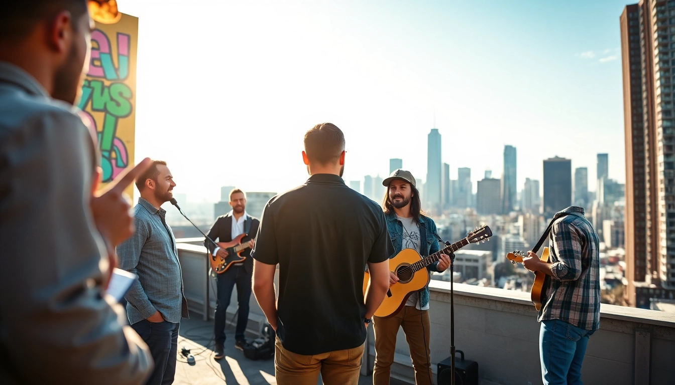 Promote your music using professional music promotion services in a vibrant urban setting.
