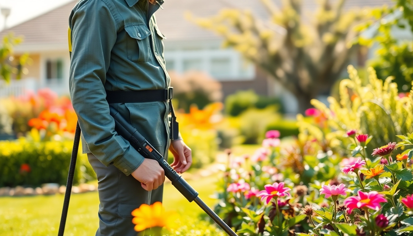 Engaging pest control expert applying eco-friendly solutions in a suburban garden.