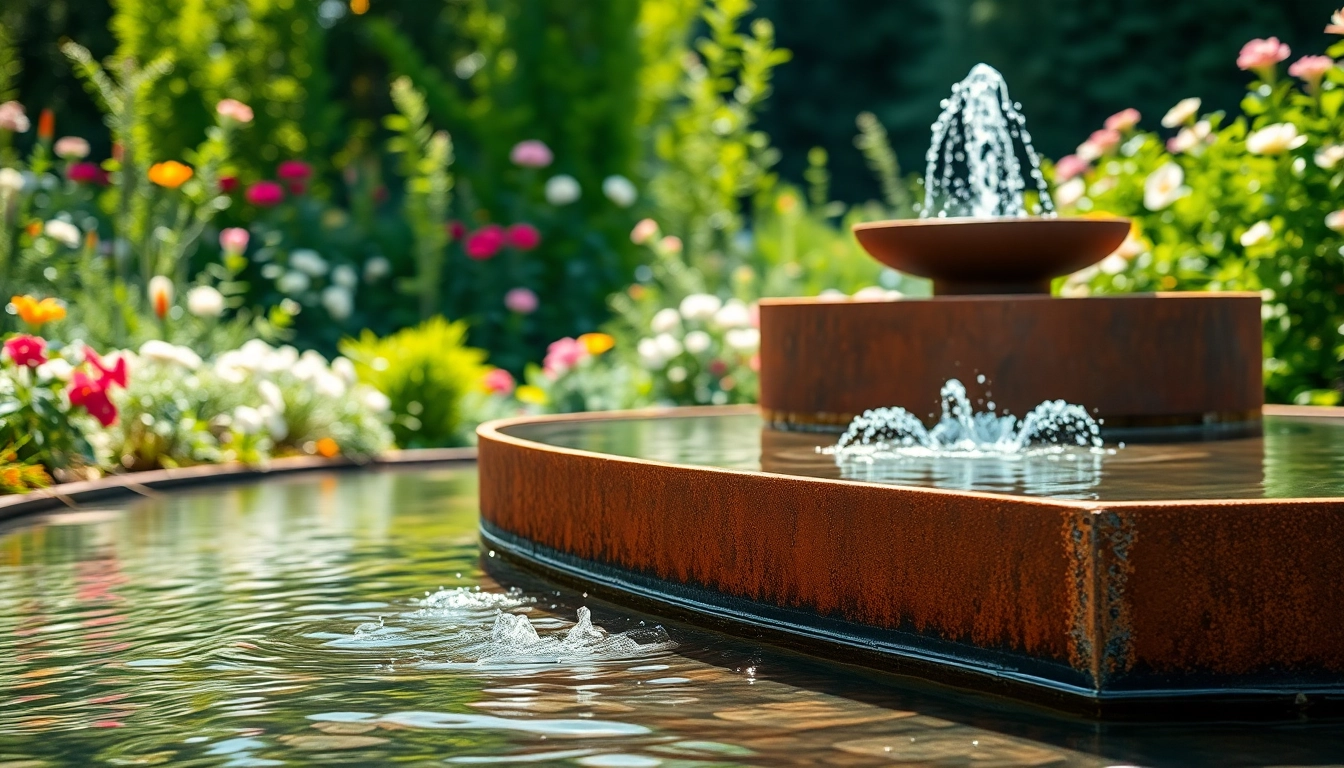 In einem ruhigen Garten sprudelt der cortenstahl brunnen elegant und strahlt in der Sonne.