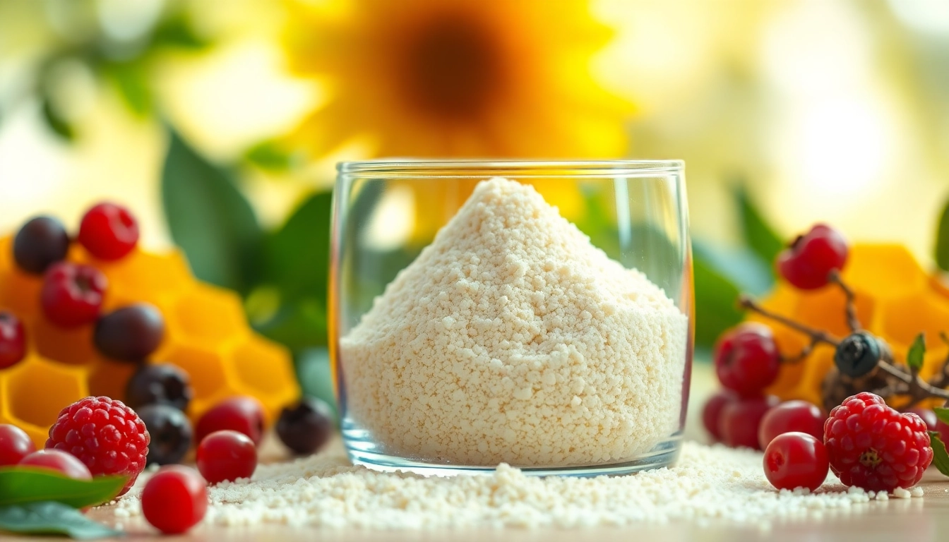 Bee pearl powder in a glass container surrounded by honeycomb and berries, highlighting its natural health benefits.