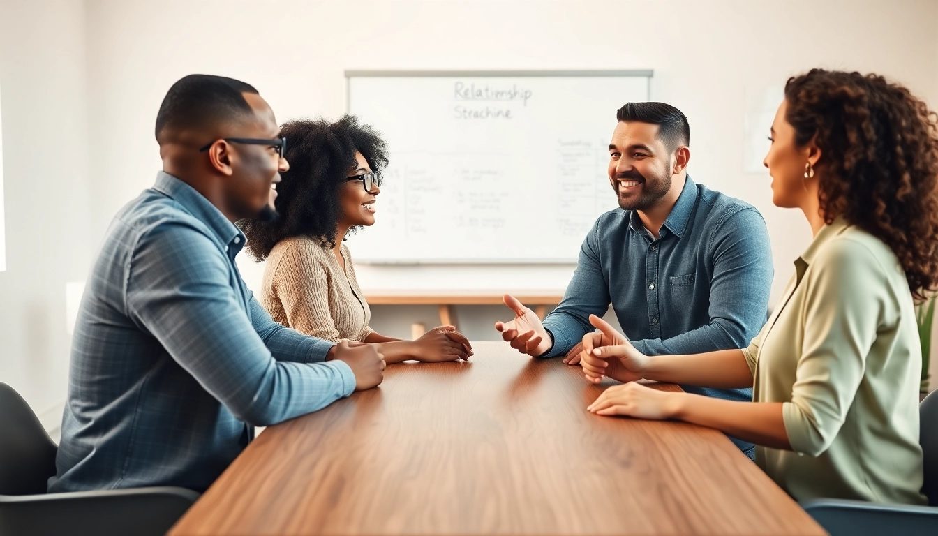 Relationship coach assisting diverse couple in a modern office, fostering open communication.