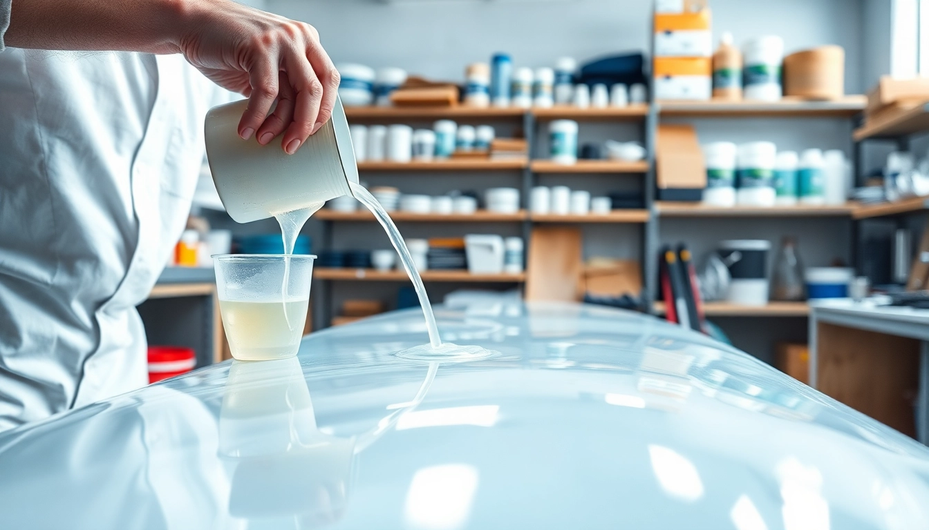 Applying laminating resin to a fiberglass mold in a well-lit workshop environment.