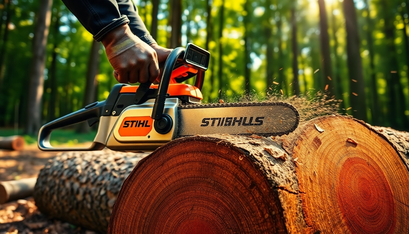 Stihl Kettensäge, die durch einen großen Baumstamm schneidet, in einer Waldumgebung.