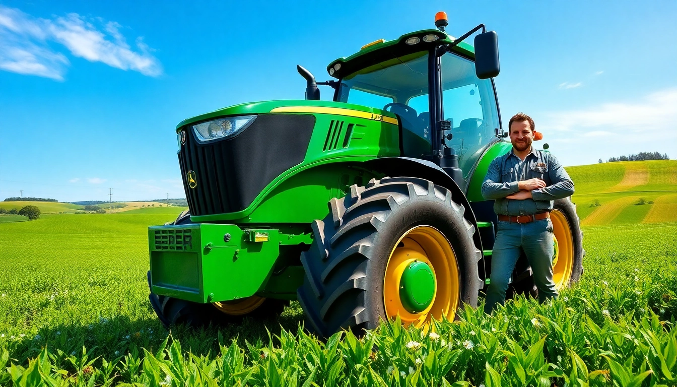 John Deere Traktor in einem Feld, das Fortschritt und Technologie symbolisiert.
