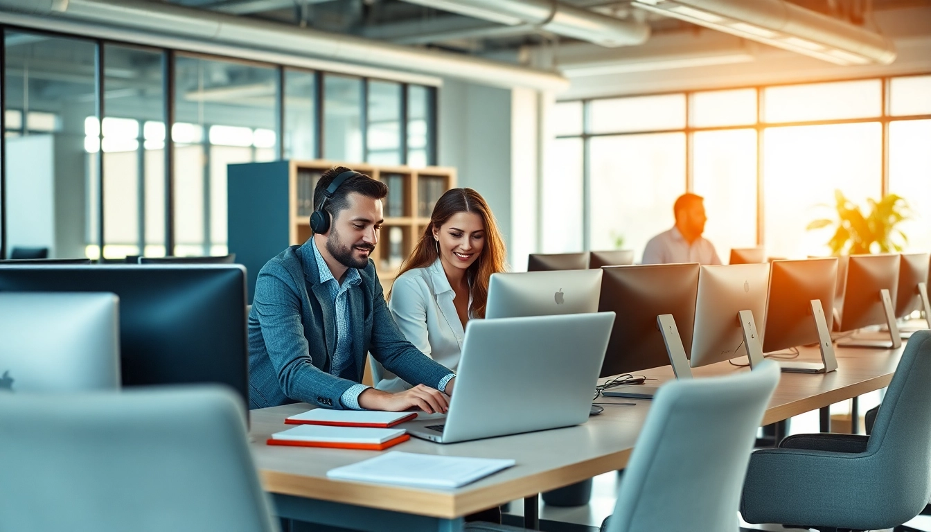 Efficient helpdesk support team collaborating in a modern office.