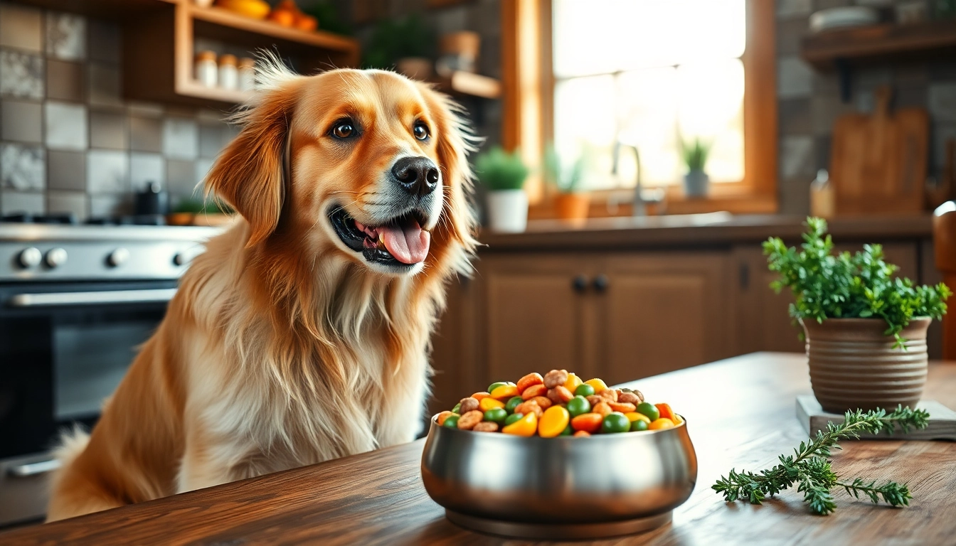 Golden retriever happily eating badlands ranch superfood complete in a warm kitchen.