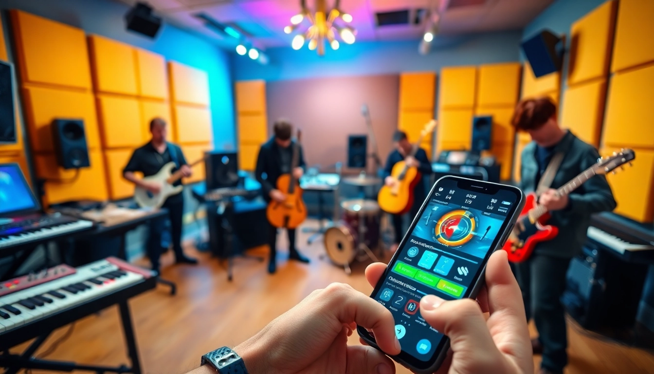 Innovative features of Mobile music app showcased by musicians in a creative studio.