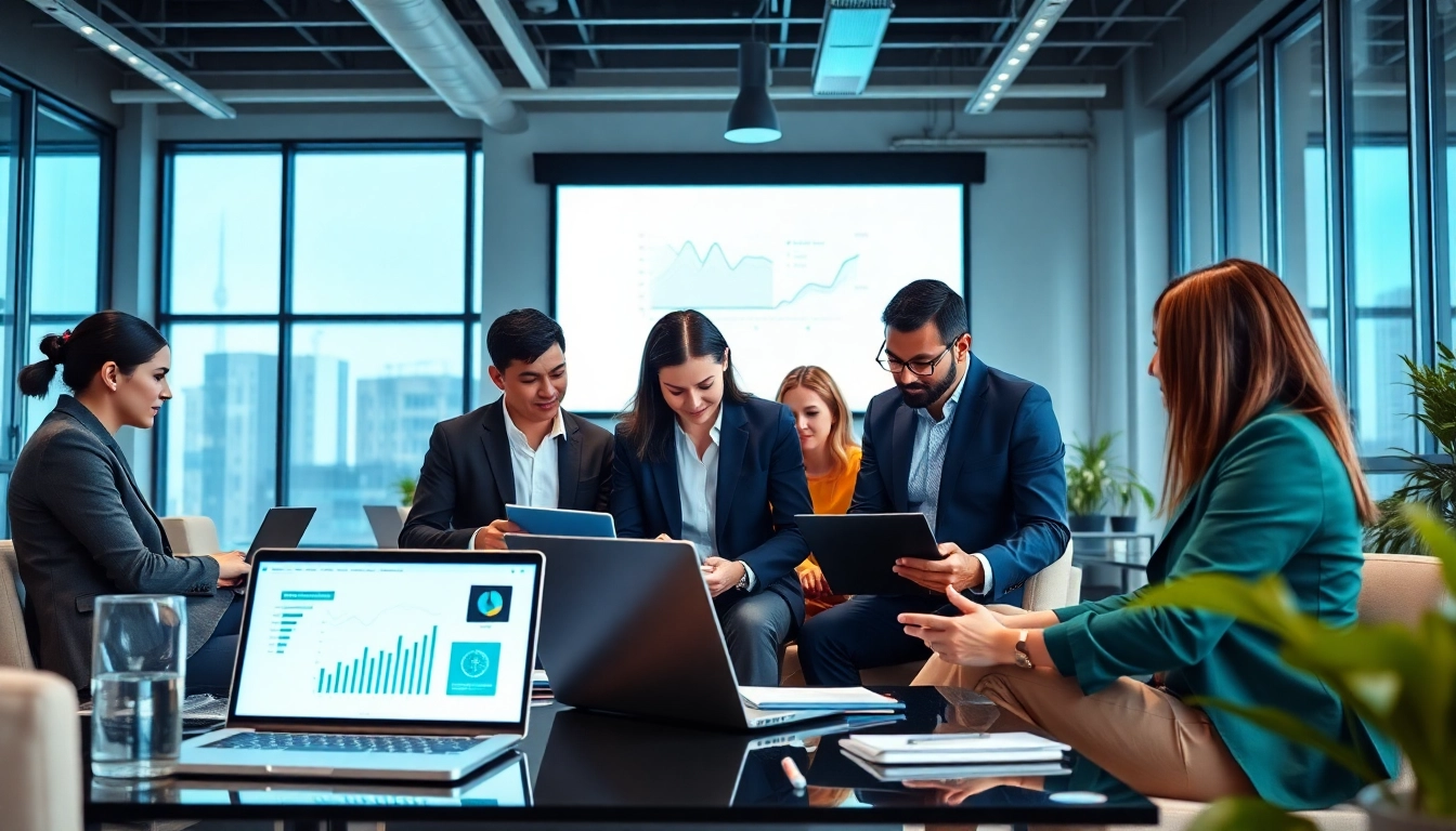 Analyze competitive intelligence data with a diverse business team in a modern office setting.