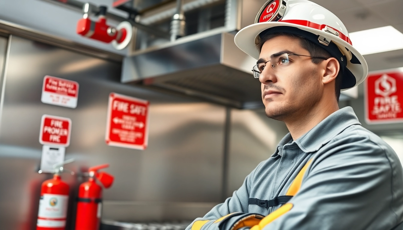 Technician performing a fire suppression service inspection in a commercial kitchen setting.