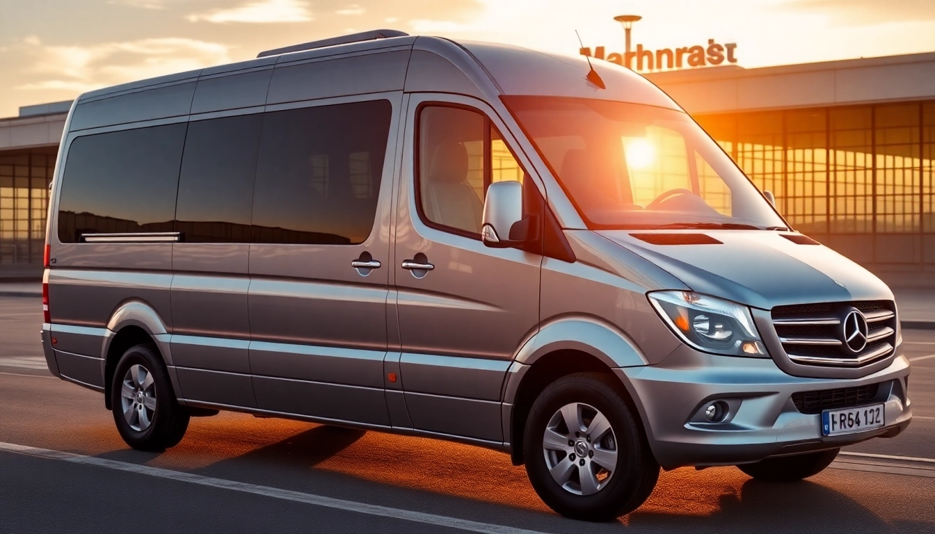 Airport transfers Halifax featuring a polished minibus ready for pickup at Manchester Airport, ensuring comfort and reliability.