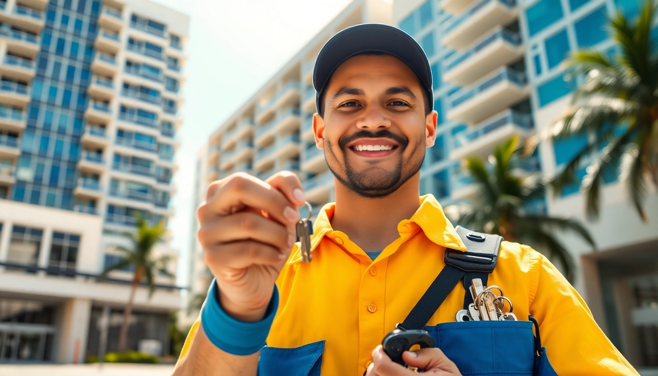 Locksmith Miami professional providing emergency services with keys and tools in a sunny urban setting.