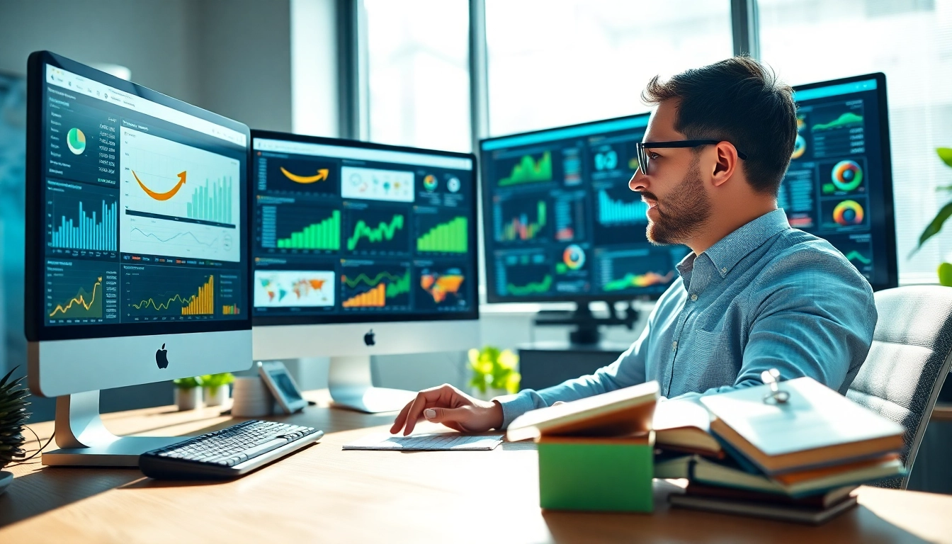 Showcase of successful amazon fba wholesale entrepreneur analyzing data and products in a modern workspace