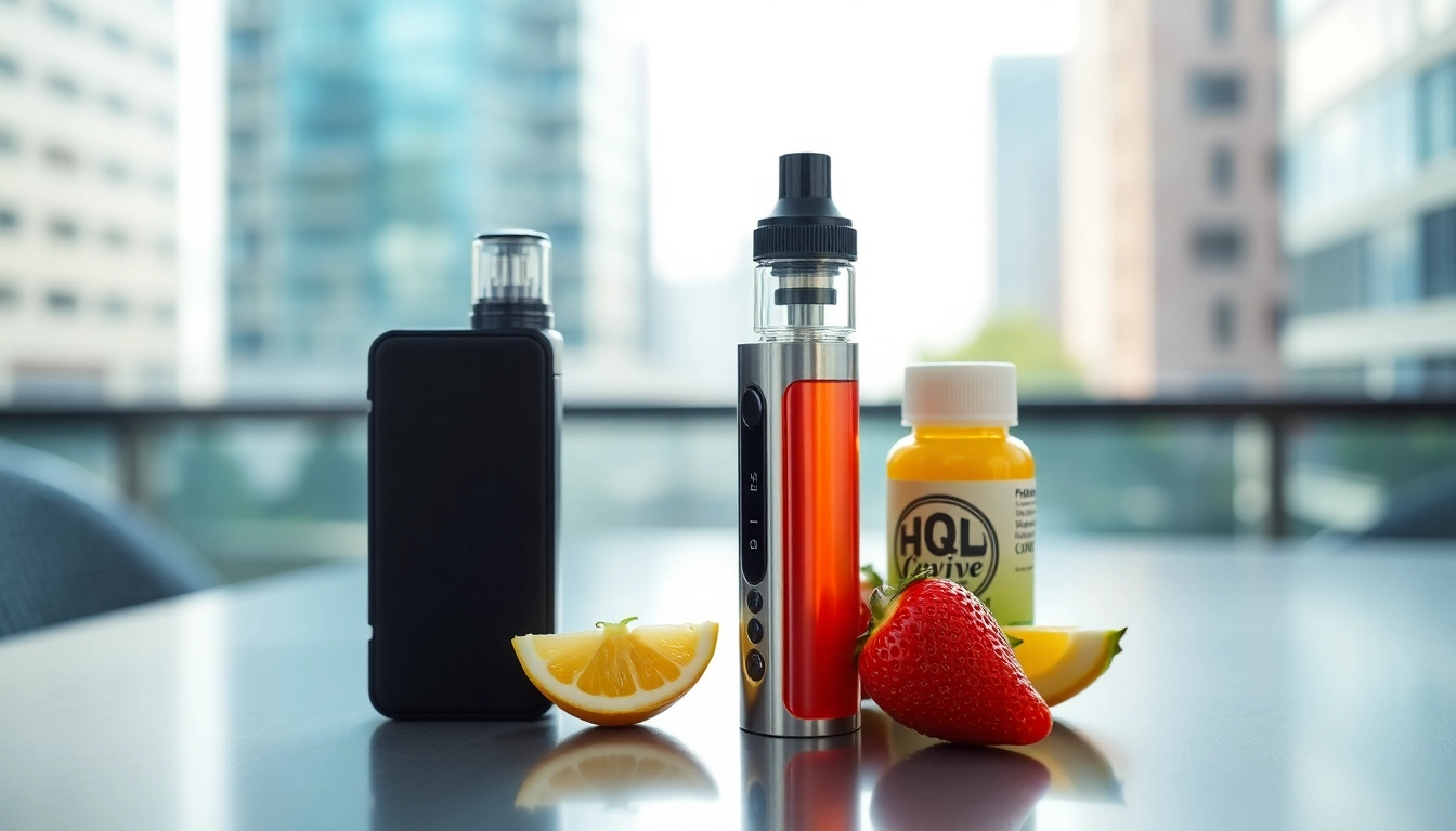 Showcasing an HQD Cuvie vape device with vibrant e-liquid bottles for a fresh aesthetic.