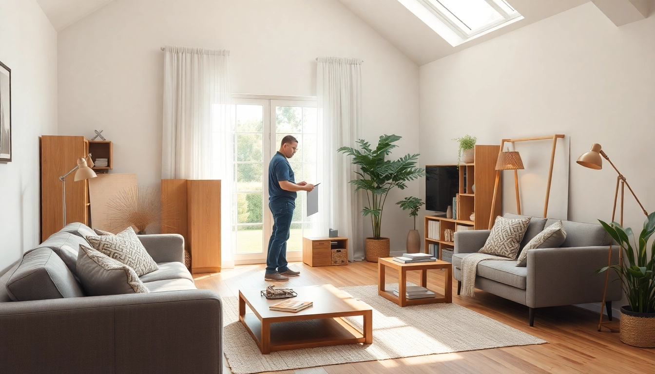Woningontruiming in actie met een vriendelijke werknemer die inboedel zorgvuldig verpakt.
