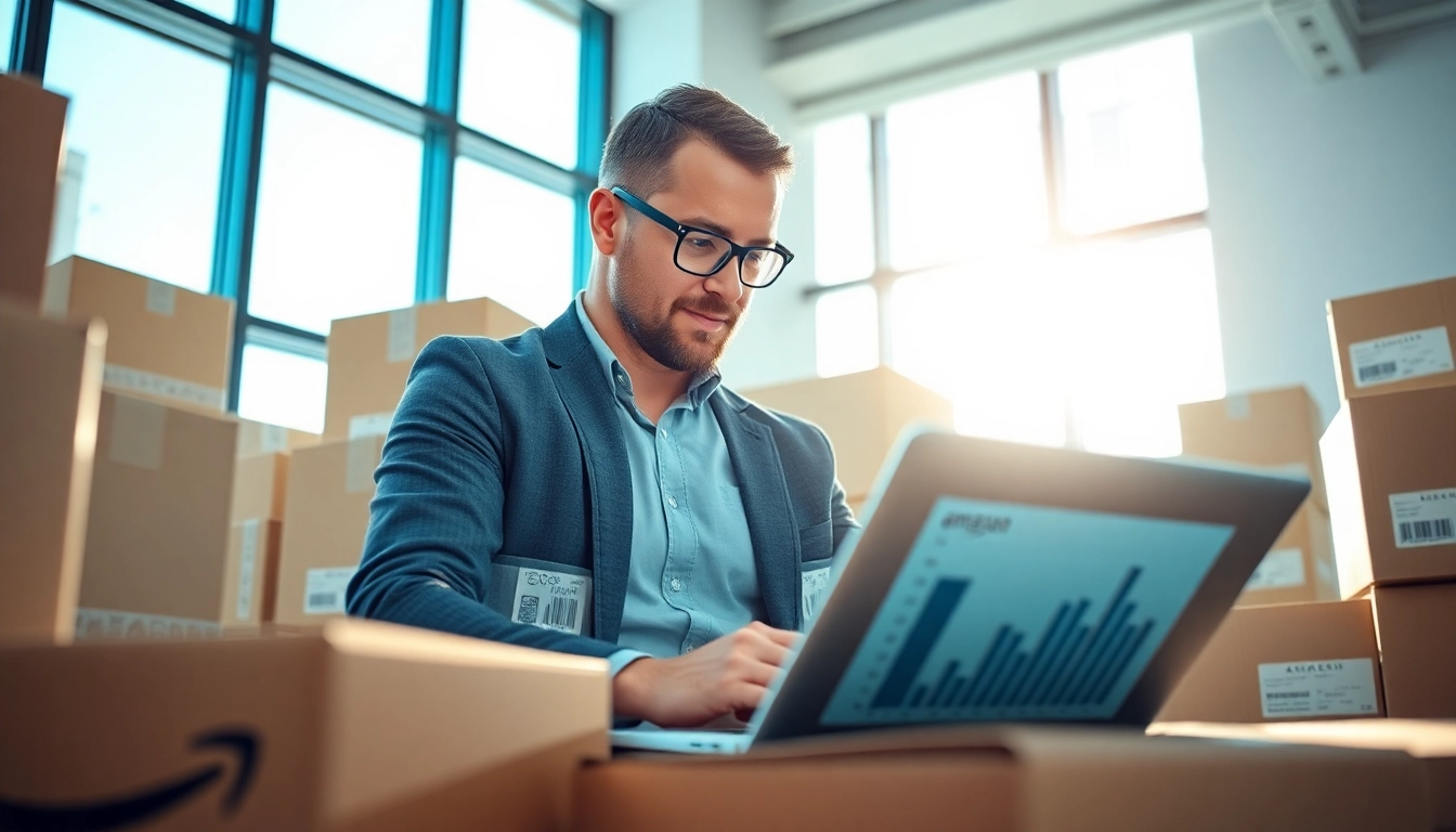 Showcasing professional entrepreneur managing fba wholesale operations in a vibrant office setting.