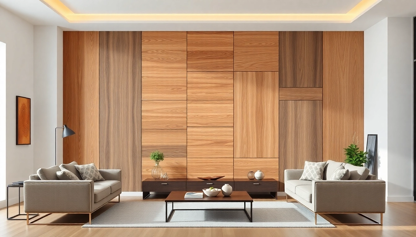 Showcasing laminate wall panels in a stylish modern living room with bright lighting and rich textures.