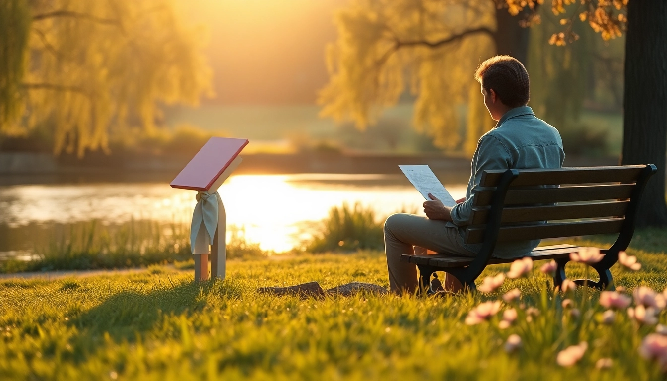 Person contemplating while dealing with grief on a park bench in a serene setting.
