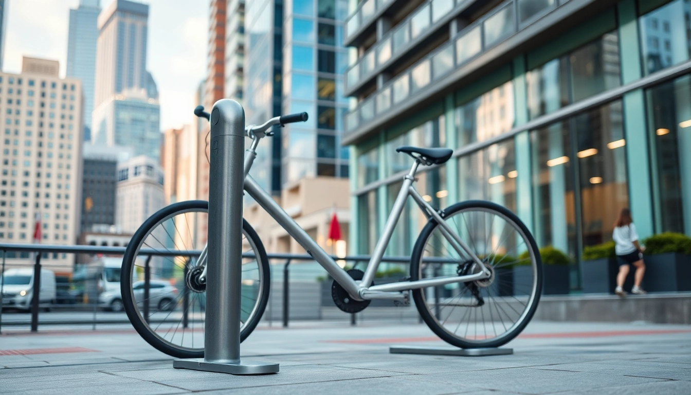 Showcase a sleek Minimalist bike rack in an urban setting, emphasizing its modern design and functionality.